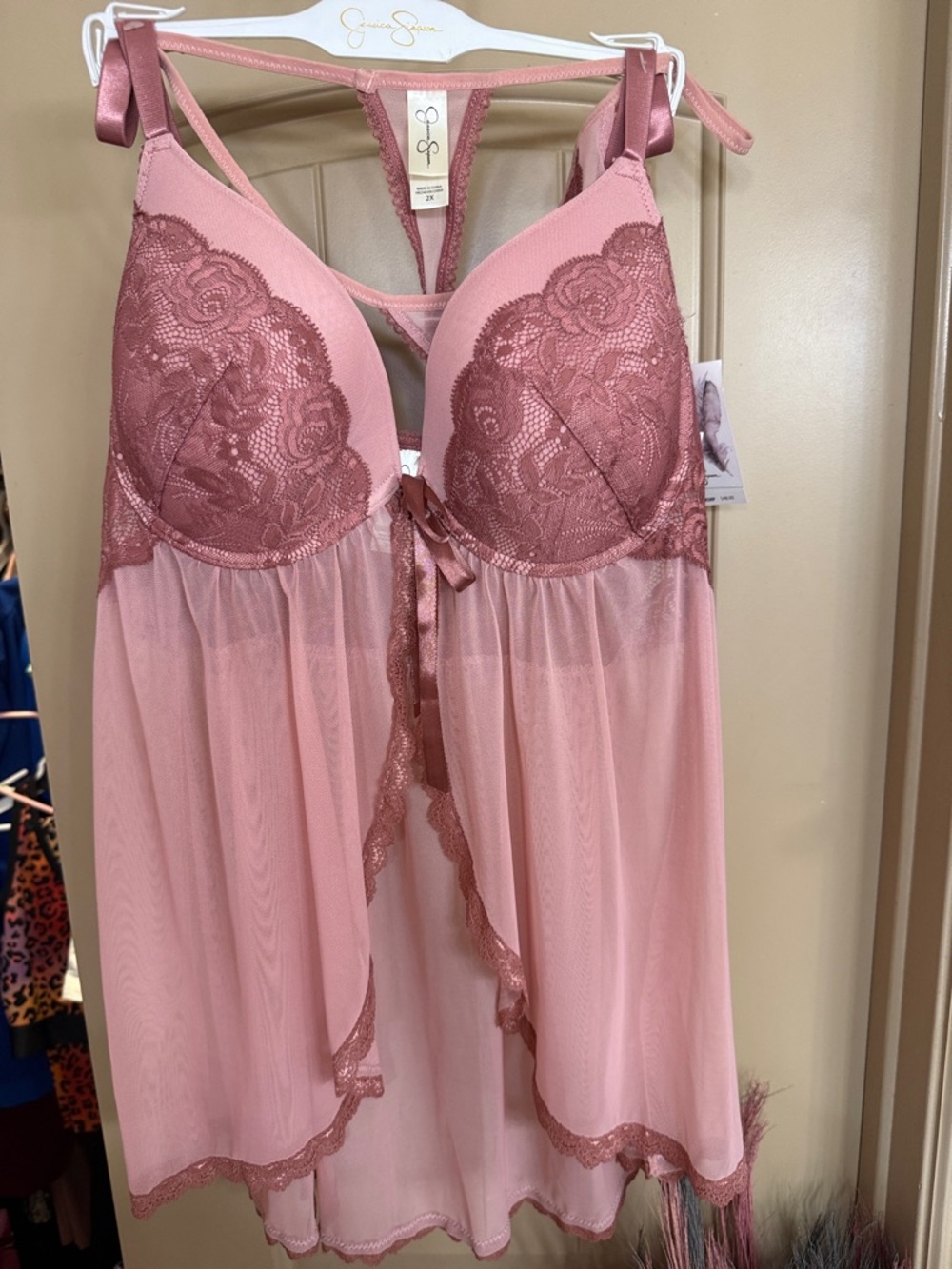 Jessica Simpson Rose Pink Lace & Mesh Babydoll Chemise